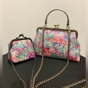 Handmade Genuine Leather Floral Print Kisslock Top Handle bag & Small Purse Set
